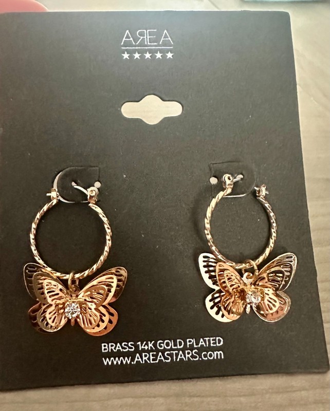 Area 14K Gold Plated Butterfly Hoop Earrings Rhinestone Brass New On Card