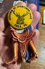 1940's Philadelphia, PA Souvenir Of Sportsman Show Hunting Deer Boots Saddle Pin
