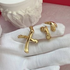 Schiaparelli Gold Hug Hands Cross Limbs Adjustable 2Pcs Sculpture Ring Set