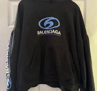 Balenciaga Black Fleece Pullover Hoodie Blue Logo Hooded Pockets