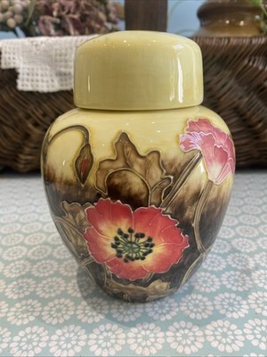 ALTES TUPTON WARE INGWERGLAS GELBER HINTERGRUND RÖHRE GEFÜTTERT MOHN DEKORATION