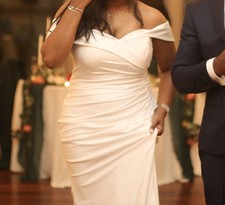 White Off Shoulder Ruched Column Full-Length Wedding Dress Side Slit Worn 2hrs 