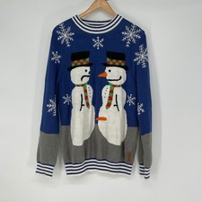Tipsy Elves Ugly Christmas Sweater Men Two Snowmen Blue Knit Pullover Size L