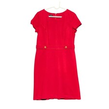 Talbots Petites 8P Red Short Sleeve Sheath Dress Gold Button Retro Mod Classic
