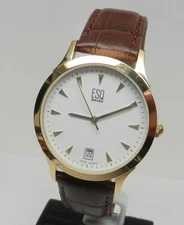 ESQ Swiss by Movado Men’s Folio 36mm Gold Plated w/White Date Dial Leather Strap