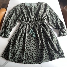 Main Strip Women's Green Black Leopard Long Sleeve Dress Ruffled Size Medium EUC