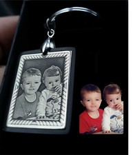 Custom Photo Engraved Silver Ebony Wood Keyring - Personalized Keepsake