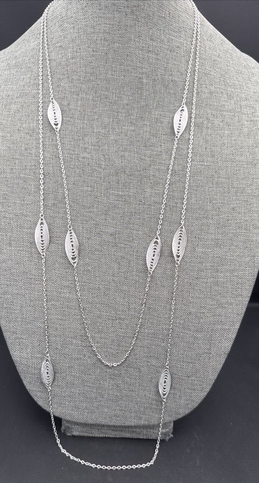 NECKLACE 2 Strands Silver Tone Chain Eye Shaped Charms 31 Inches See Photos