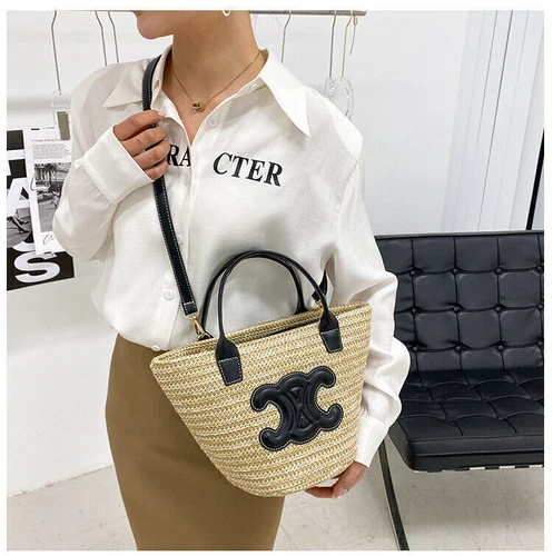 Bolso de Mano de Paja para Damas Bolso de Playa Bolso de Ratán + Banda para el Cuello de Seda Bolso de Gran Tamaño - Imagen 16 de 22