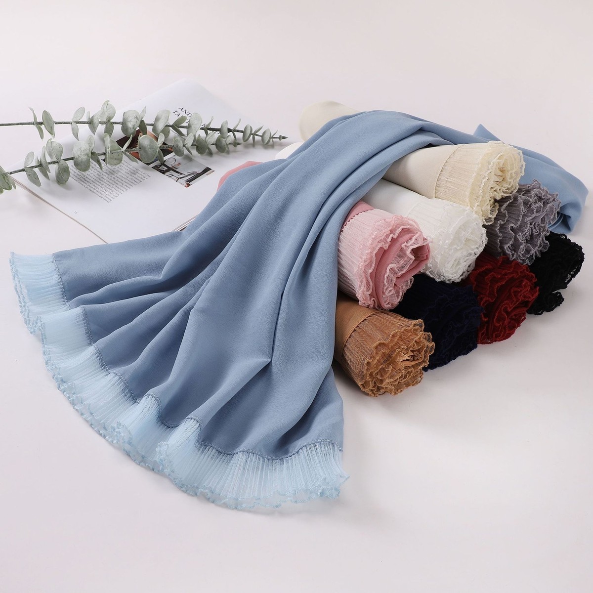 Ruffles Lace Edge Chiffon Long Headscarf for Women Muslim Head