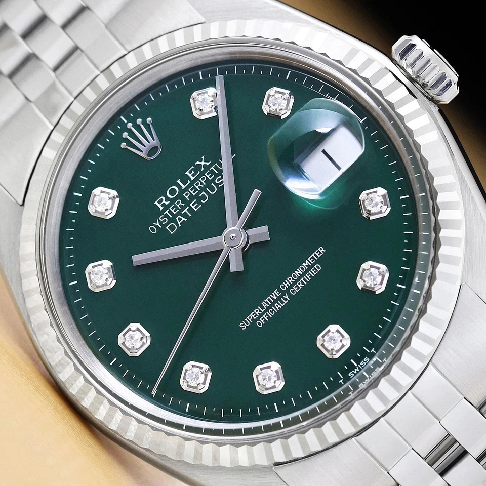 ROLEX MENS DATEJUST 18K WHITE GOLD STEEL GREEN DIAMOND DIAL FOLDED JUBILEE WATCH