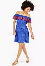 Lilly Pulitzer Kalama Off-The-Shoulder Smocked Mini Dress Embroidered M 258517