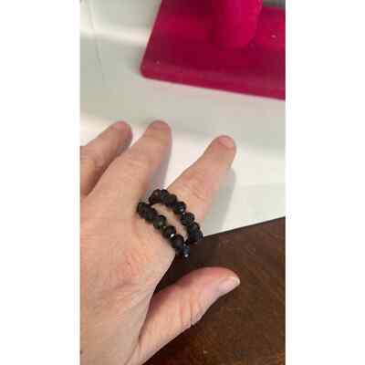 Handmade black glass bead wrap ring gold tone