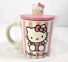Sanrio Hello Kitty Pink Stripes Ceramic Mug With Lid / 18 Ounces New READ 