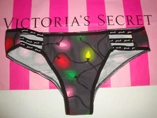 VICTORIA'S SECRET PINK STRAPPY CHEEKSTER PANTY GRAY W/ CHRISTMAS STRING LIGHTS S