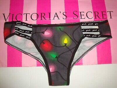 VICTORIA'S SECRET PINK STRAPPY CHEEKSTER PANTY GRAY W/ CHRISTMAS STRING  LIGHTS S 