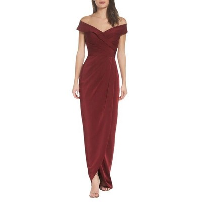 LA FEMME Surplice Off the Shoulder Column Burgundy Gown Size 8