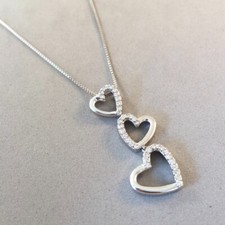 14 Karat White Gold Three Heart Diamond Pendant 18" Necklace New in Box G1438