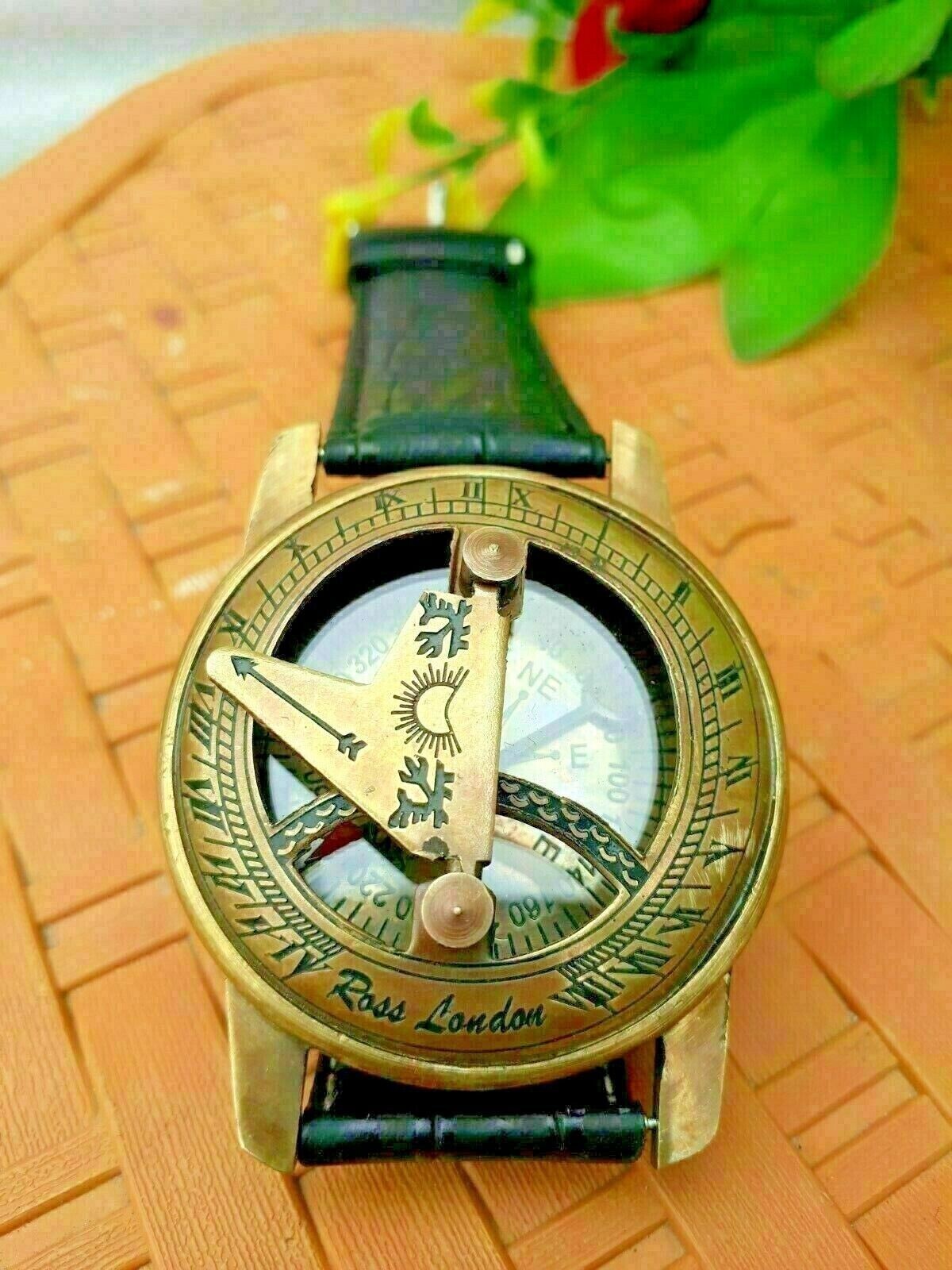 Antique Nautical Style Leather Strap Compass Wrist Brass Sundial Watch Steampunk