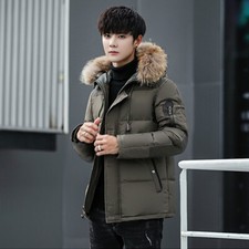 Men Duck Down Quilted Padded Puffer Jacket Faux Fur Hooded Bubble Top Parka Coat