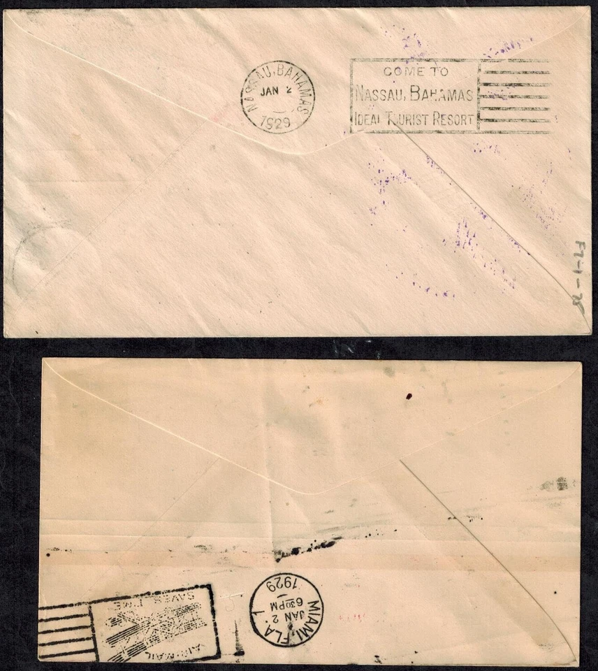 巴哈马 1929 封面对拿骚 - Miama 和迈阿密 - 先锋腿路线罕见 — 第 2/2 张图片