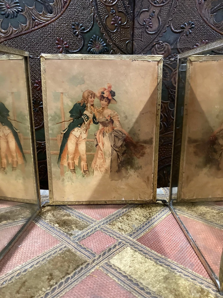 Antique Triptych Standing mirror in chiseled brass and illustration circa 1900 - Image 4 of 4