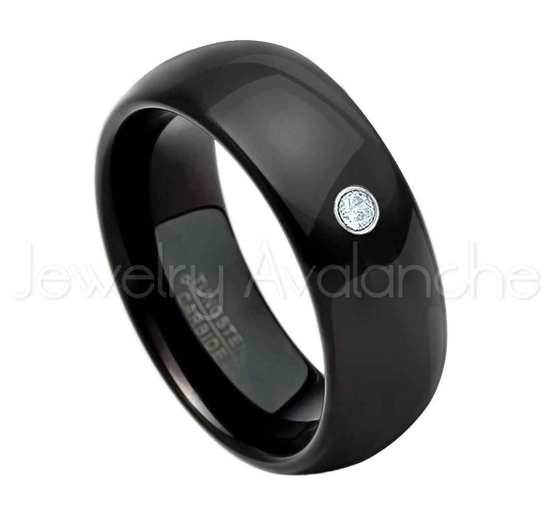 8mm Black Dome Tungsten Ring 0.07ct Aquamarine Ring, March Birthstone Ring #077 Popularna, prawdziwa gwarancja