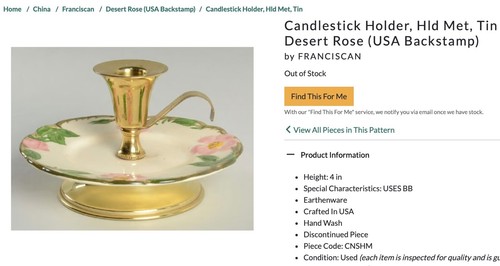 ๐ธ DESERT ROSE ๐ธ FRANCISCAN WARE CA BRASS B&B PLATE CANDLE HOLDER - Picture 6 of 8