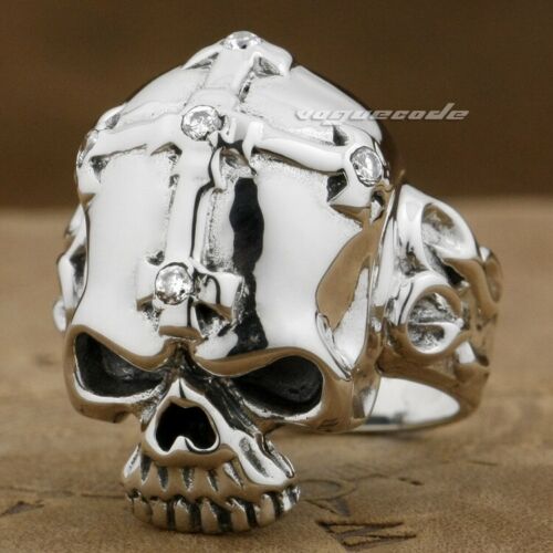 925 Sterling Silver CZ Cross Skull Ring Mens Rock Punk Jewelry 9G013A US 7~15 - Picture 1 of 28