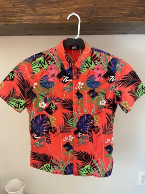 MTV Shirt Adult Large Red Floral Button Up Mens Colorful Hawaiian Vintage