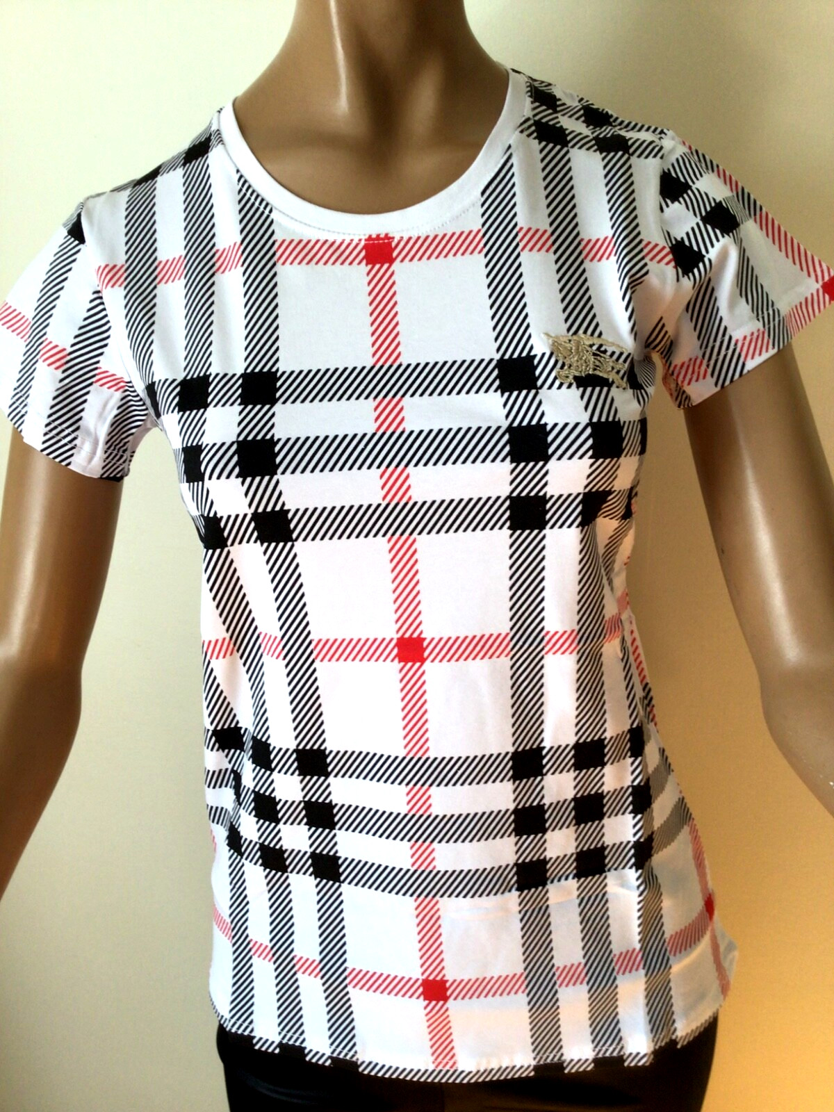 NEW BURBERRY LONDON  WHITE/BLACK/RED COTTON STRETCHED TOP SIZE XL
