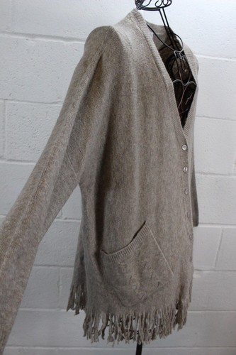 MUCHE MUCHETTE Oatmeal Khaki Tan Knit Fringe Soft Cardigan Sweater One Size NWT - Picture 3 of 5