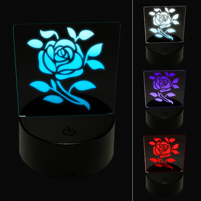 Elegant Rose Stem with Leaves 3D Illusion LED Night Light Sign Lamp