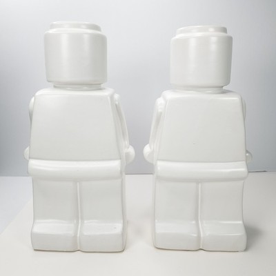 Blank White Building Block Style Figure Set 2 Modernist Ceramic Statue 12'' NEW