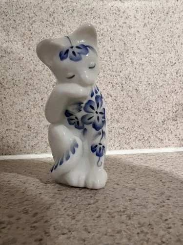Vtg FENTON Satin Milk Glass Cat Figurine Hand Painted Blue Flowers
