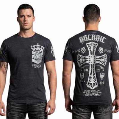 ARCHAIC by AFFLICTION Black COLD ACID Cross Short Sleeve Slim Fit Y2K T-shirt
