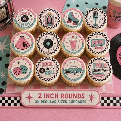 set of 12- 50's Sock Hop edible wafer paper image rounds, CHOOSE SIZE pre cut