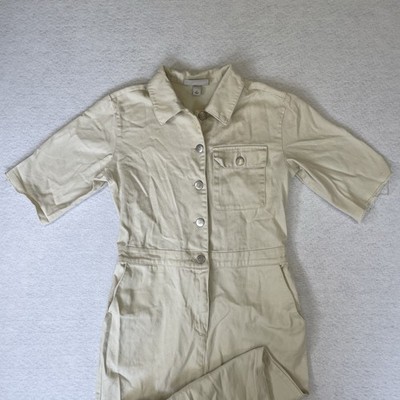 Sandy Liang Women's Size 2 Ecru Cream Twill Button Up Short Sleeve Jumpsuit