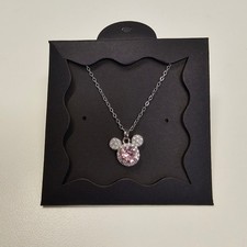 NEW Sparkling Mickey Mouse Pendant Necklace w Pink Crystal Accents Steel Chain
