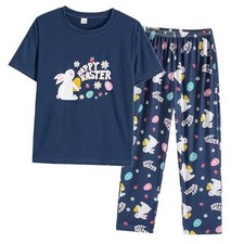 Big Girls' Short Sleeve Long Pants Pajama Sets 2PCS Cartoon 12 Easter-navy