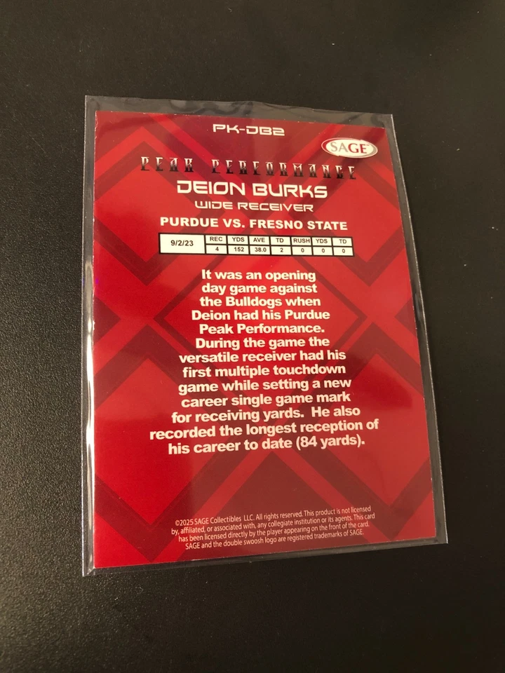 2025 Sage Football #PK-DB2 Deion Burks Purple Peak Performance - Image 2 of 2