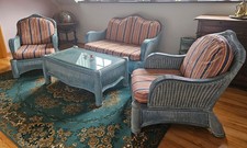 rattan sitzgruppe lounge, taubenblau/weiß, 1x 2-Sitzer, 2x Sessel, 1x Tisch, ...