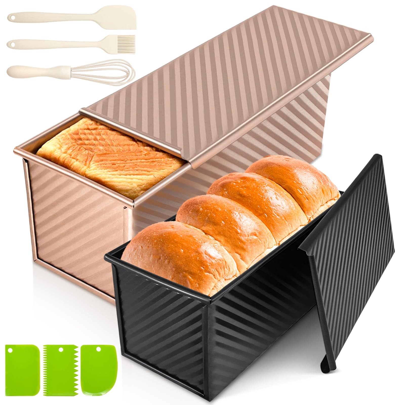 2Pack Pullman Loaf Pans with Lids 2.2 LB & 1 Dough Capacity Non-Stick Carbon