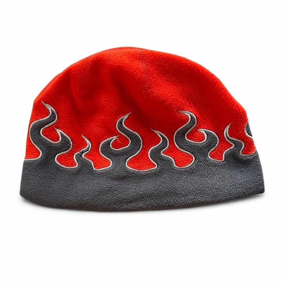 LL Bean Flame Gorro Polar Niños Sombrero Grande Gris Naranja Estampado Fuego Y2K Nieve Invierno Foto 4 de 4
