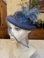 Vintage 40s 50s Navy Wool Hat, Veil Feather Milford Wool Exc Cond Rare