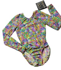 GK Elite AXS Field of Flowers LS Leotard Bodysuit VTG Stretch Floral NWT Size XS