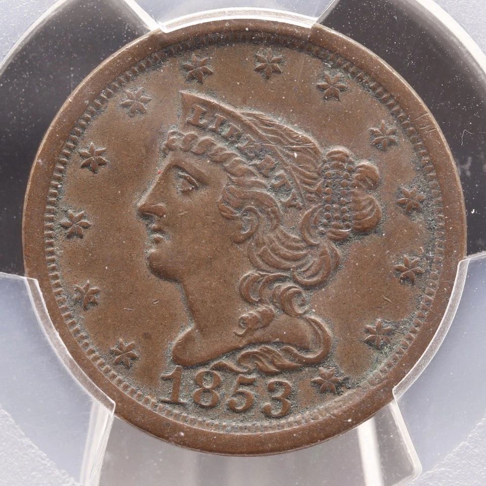 1853 Braided Hair Half Cent PCGS Genuine XF Details • Sharp LIBERTY & Bold Date - Image 3 of 4