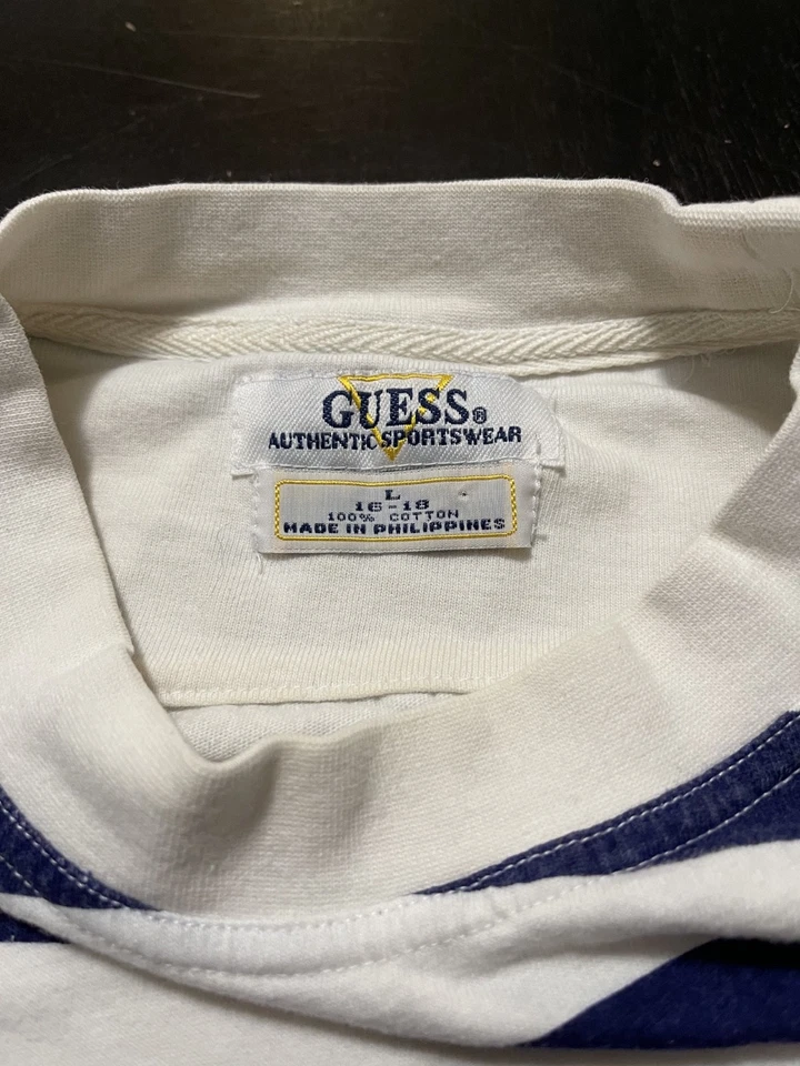 Vintage 90s Guess Jeans Stripe Tee Navy/White Tag L (16–18) Fits Adult M/L - Image 4 of 4