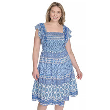 Eliza J Plus Size Blue White Smocked Waist Ruffle Sleeves Size Day Dress 18W