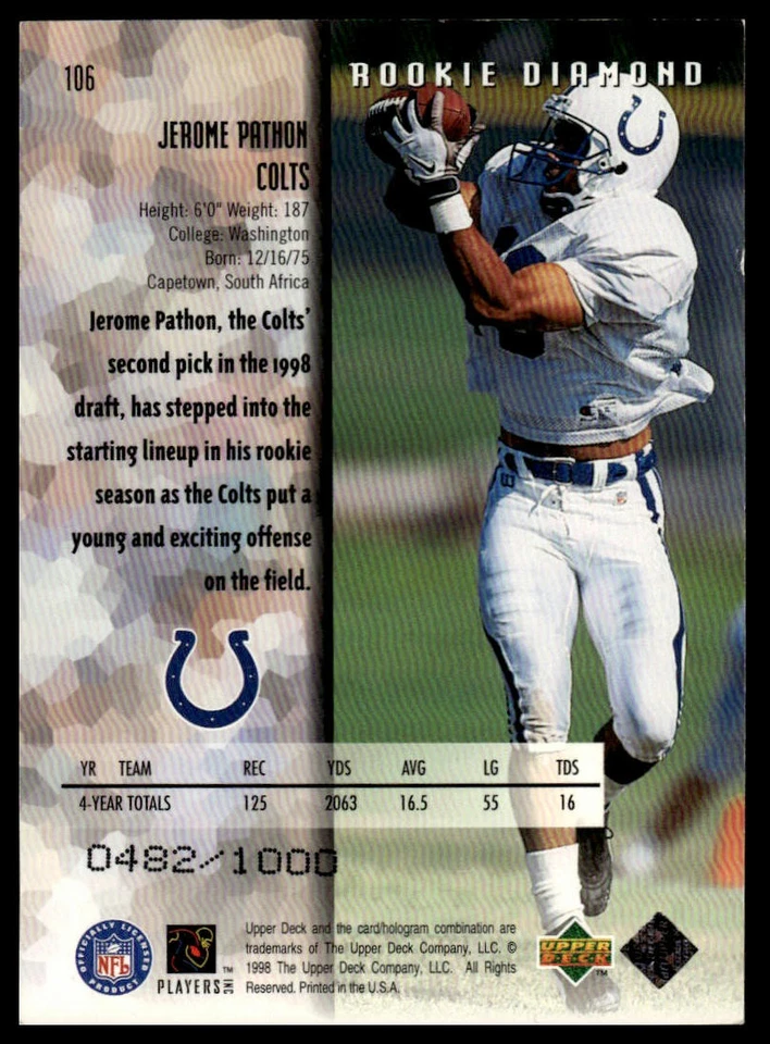 1998 Upper Deck Black Diamond Rookie Edition #106 Jerome Pathon Triple #/1000 - Image 2 of 2